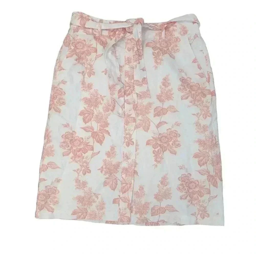 Liz Claiborne Women's Coral & White Floral Linen/Cotton Lined Skirt w Belt